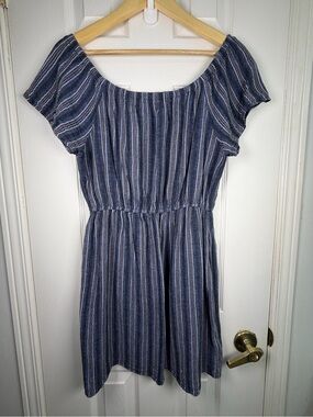 Universal Thread Linen Blend Off Shoulder Mini Dress L Navy White Striped Y2K